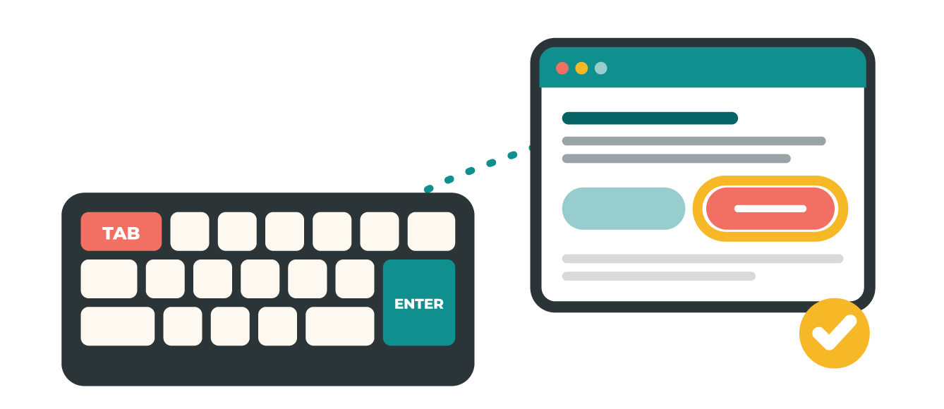 Illustration of a keyboard with the Tab and Enter keys highlighted, connected to a website window where a button is outlined to show keyboard focus