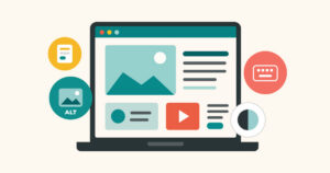 Illustration of a laptop displaying a website, surrounded by icons for accessible forms, image alt text, keyboard navigation and color contrast
