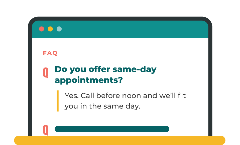 Illustration of a website FAQ section with the question “Do you offer same-day appointments?” and a short, direct answer beneath it